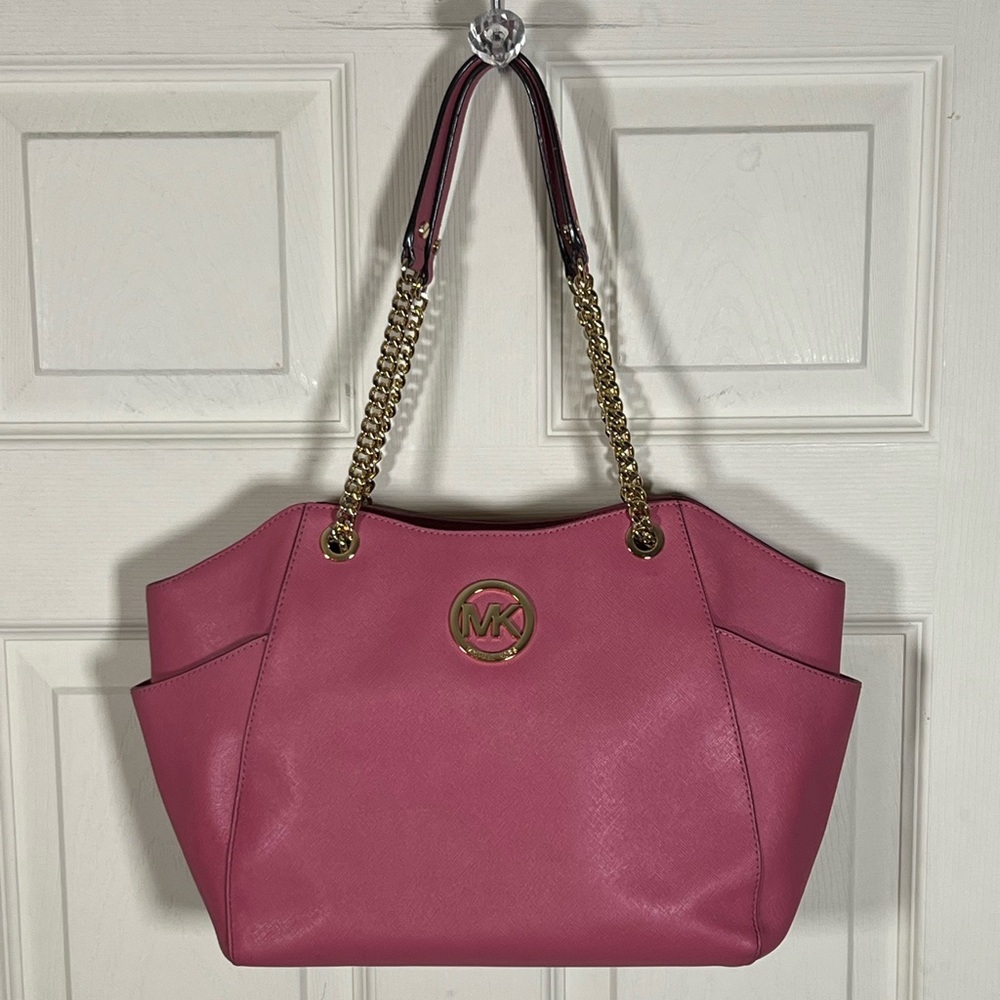Michael Kors Pink Saffiano Leather Tote Gold Chain Shoulder Bag - Picture 2 of 16